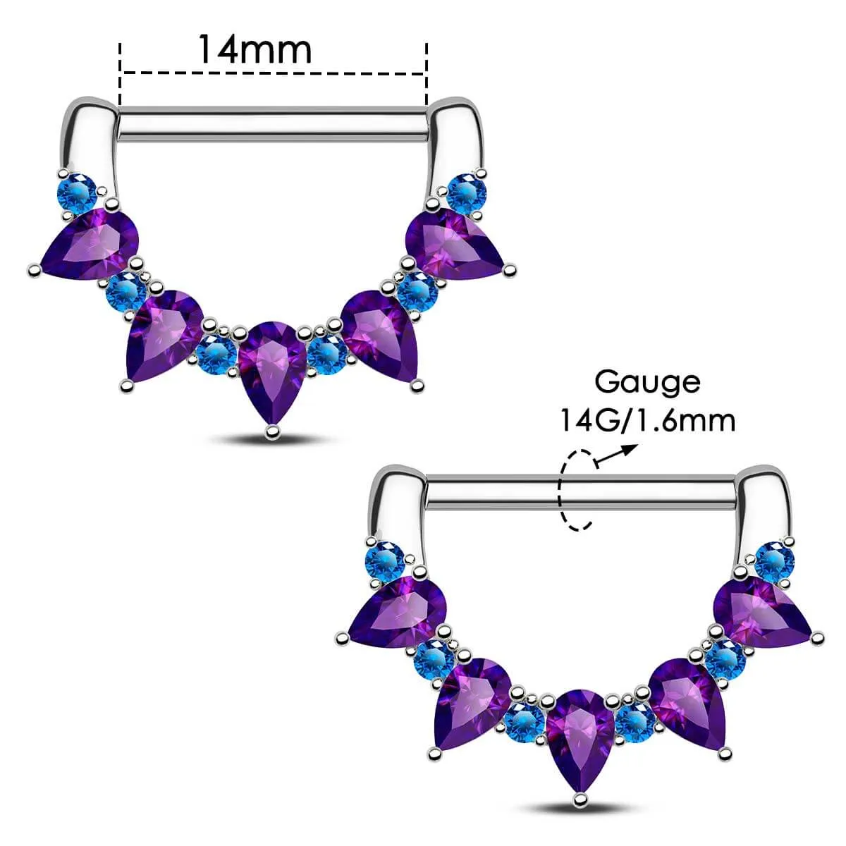 2Pcs 14G Gorgeous Purple CZ Gems Nipple Clicker Jewelry