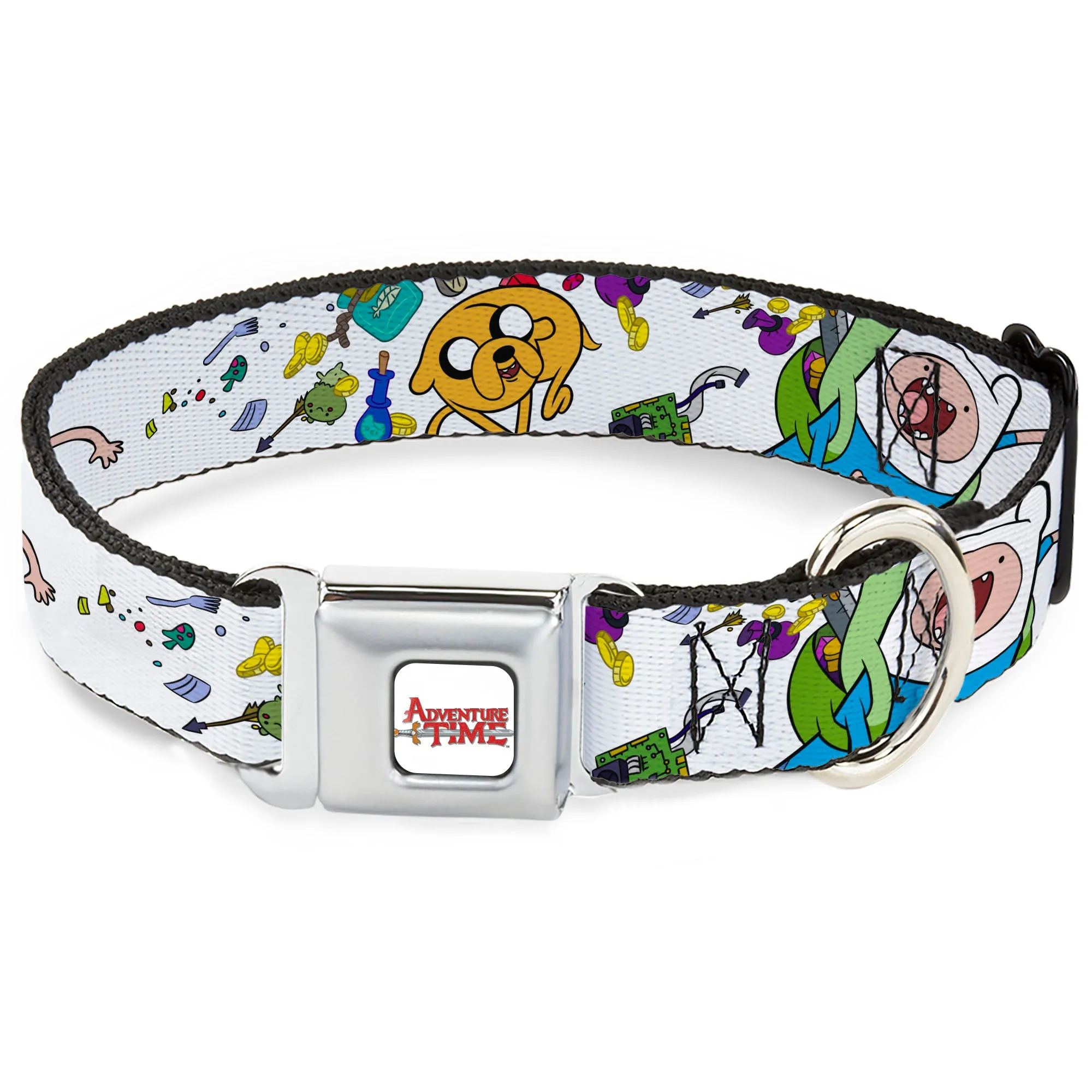 ADVENTURE TIME Title Logo Full Color White Seatbelt Buckle Collar - Adventure Time Jake and Finn Open Pack Pose White