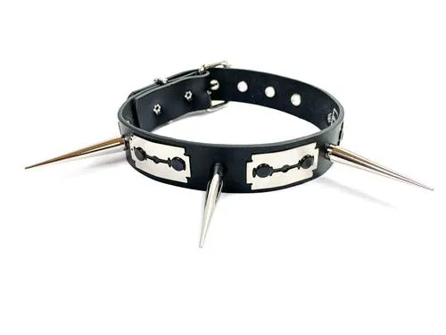 Black Leather Collar w/ Single Row of Silver Razorblade Needle Spike Details