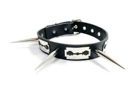 Black Leather Collar w/ Single Row of Silver Razorblade Needle Spike Details