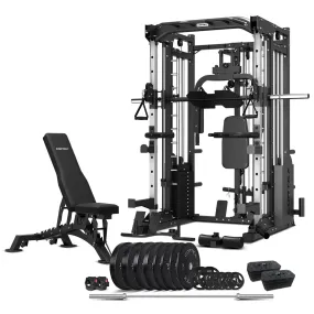 CORTEX SM-25 6-In-1 Power Rack with Smith & Cable Machine   BN-9 Bench   Ultimate Olympic Bumper Weight Plate & Barbell Package