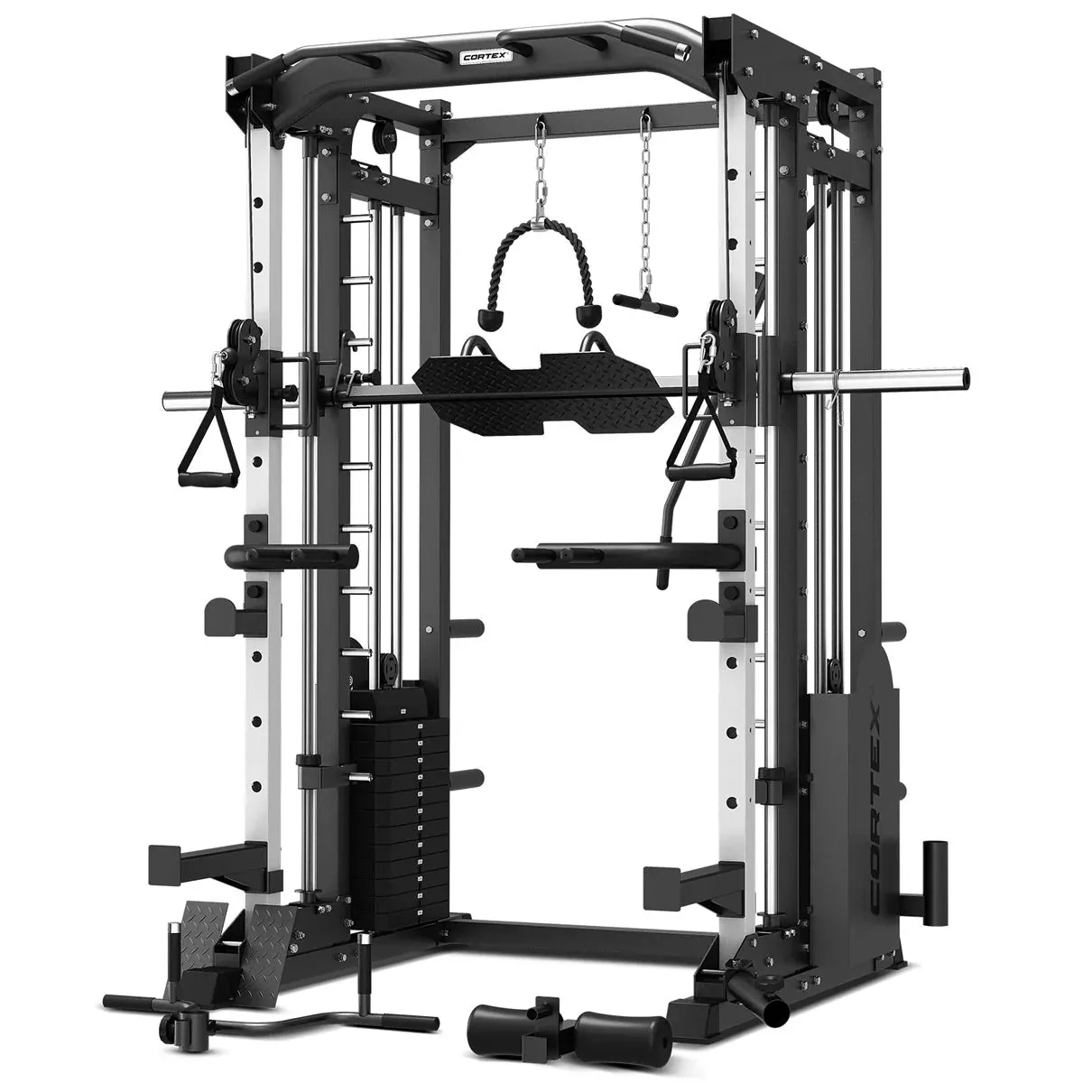 CORTEX SM-25 6-In-1 Power Rack with Smith & Cable Machine   BN-9 Bench   Ultimate Olympic Bumper Weight Plate & Barbell Package