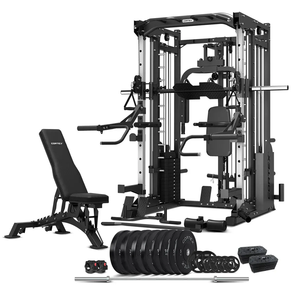 CORTEX SM-25 6-In-1 Power Rack with Smith & Cable Machine   Jammer Arms   Chest Fly Attachment   23kg Weights Add On   BN-9 Bench   Ultimate Olympic Bumper Weight Plate & Barbell Package