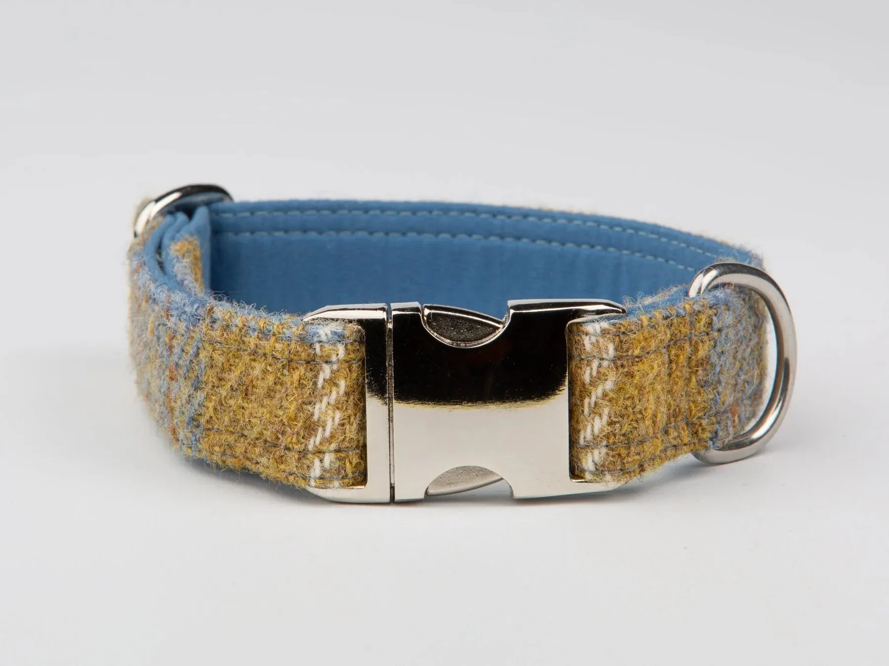 Harris Tweed Luxury Dog Collar Mustard and Blue Check