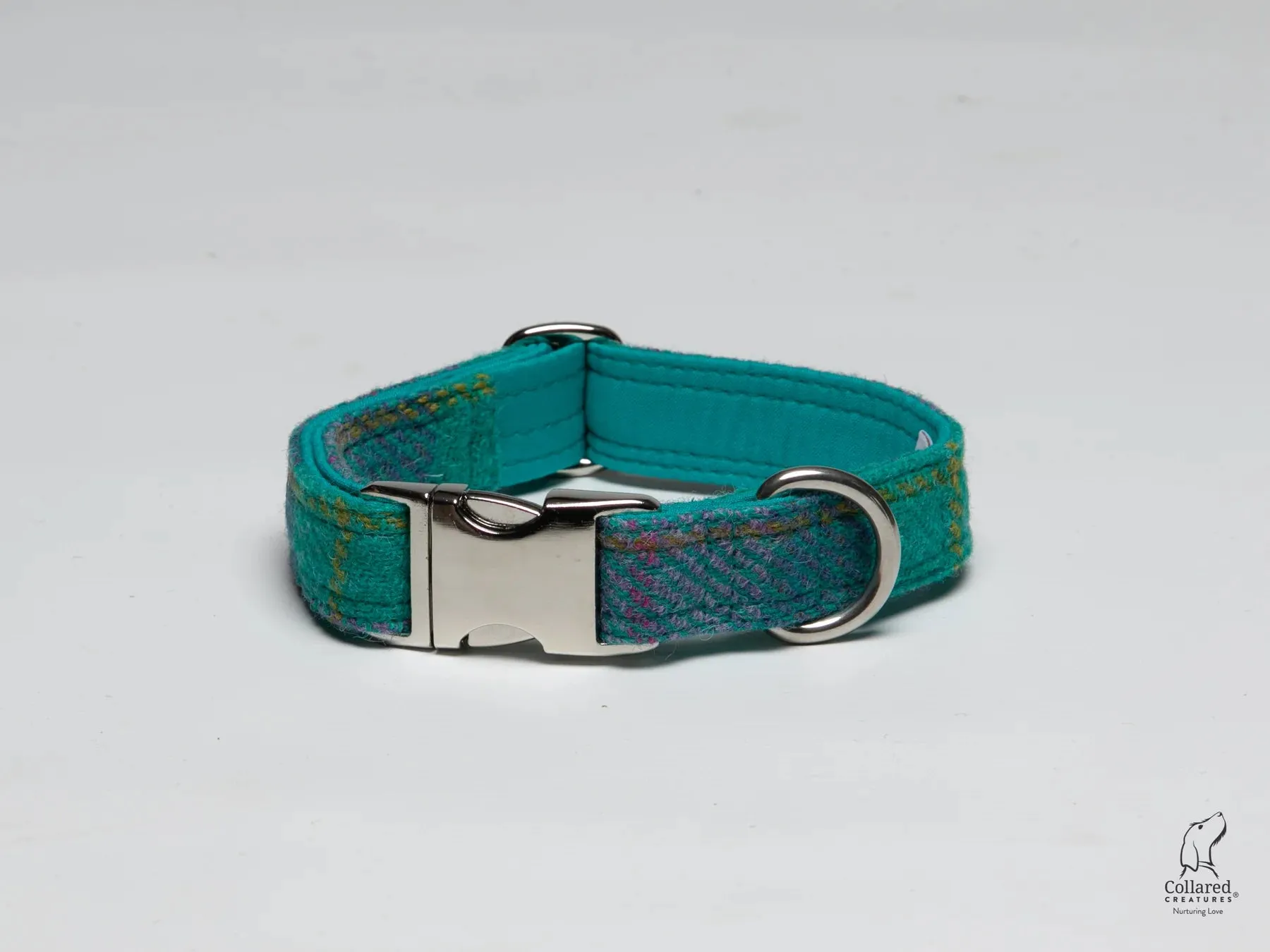 Harris Tweed Teal and Lilac Check Clasp Dog Collar