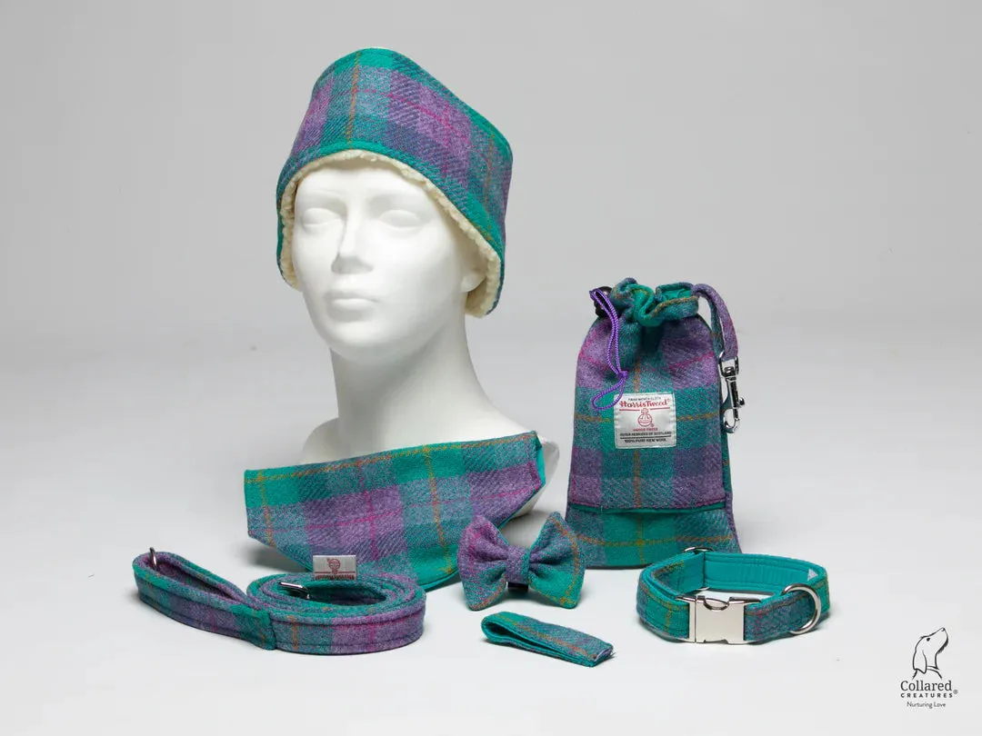 Harris Tweed Teal and Lilac Check Clasp Dog Collar