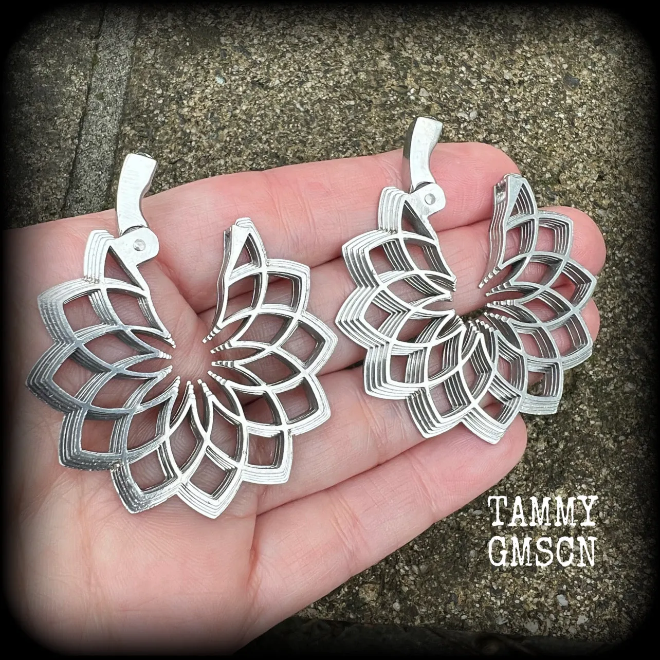 Mandala ear weights-Geometric gauged earrings-Clickers