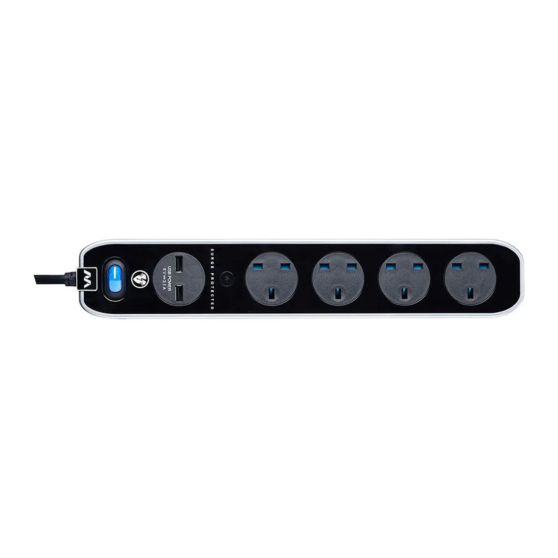 Masterplug Surge Protector 4 Gang 2 USB (3.1A) 2 Meter Extension Leads Polished Black (SRGLSU42PB-MPA)