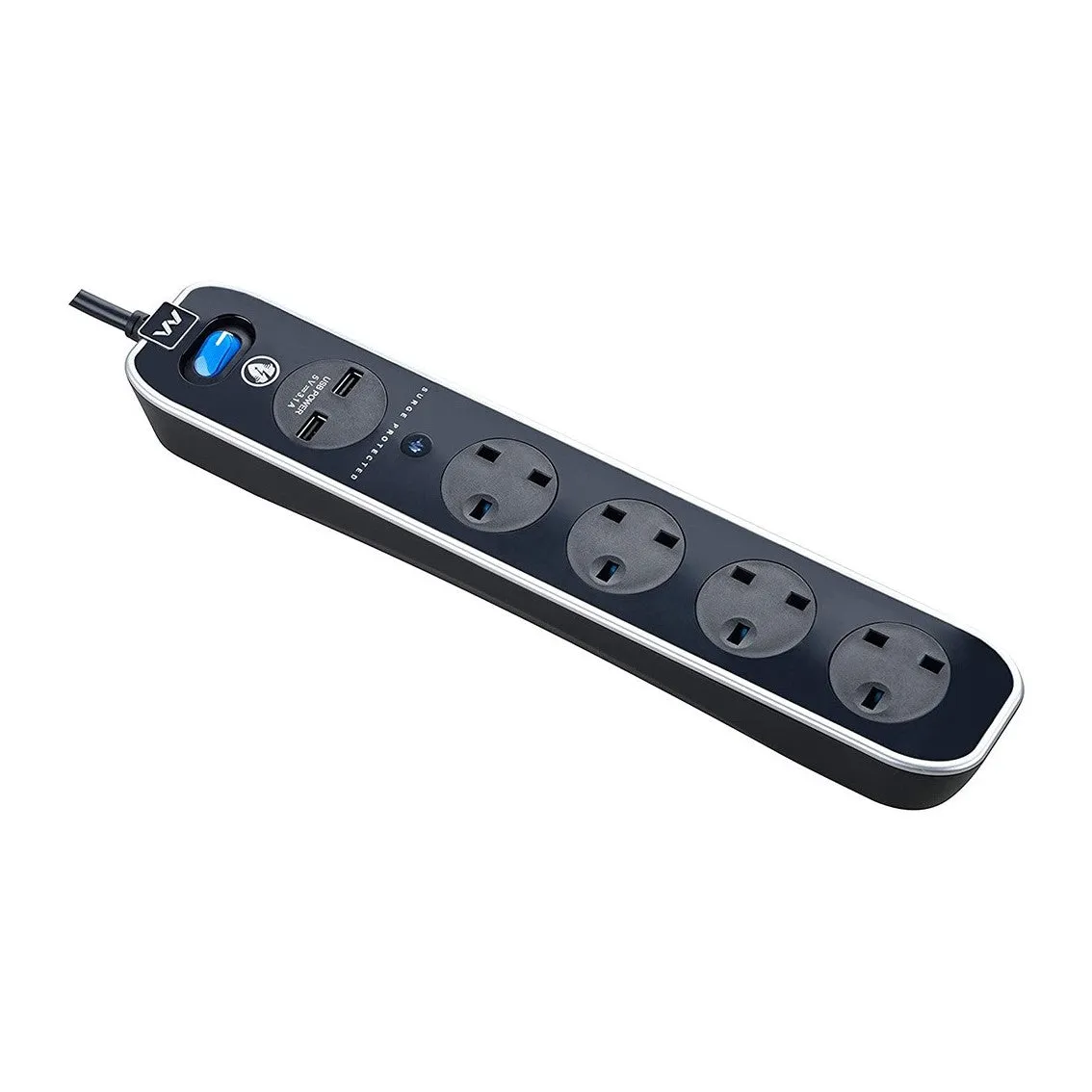 Masterplug Surge Protector 4 Gang 2 USB (3.1A) 2 Meter Extension Leads Polished Black (SRGLSU42PB-MPA)