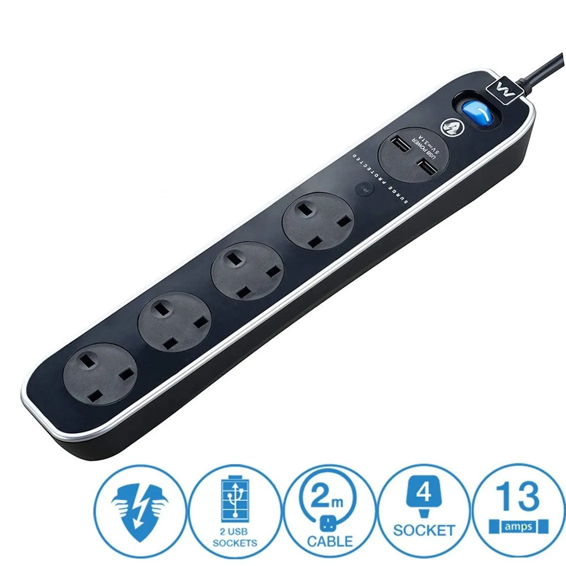 Masterplug Surge Protector 4 Gang 2 USB (3.1A) 2 Meter Extension Leads Polished Black (SRGLSU42PB-MPA)