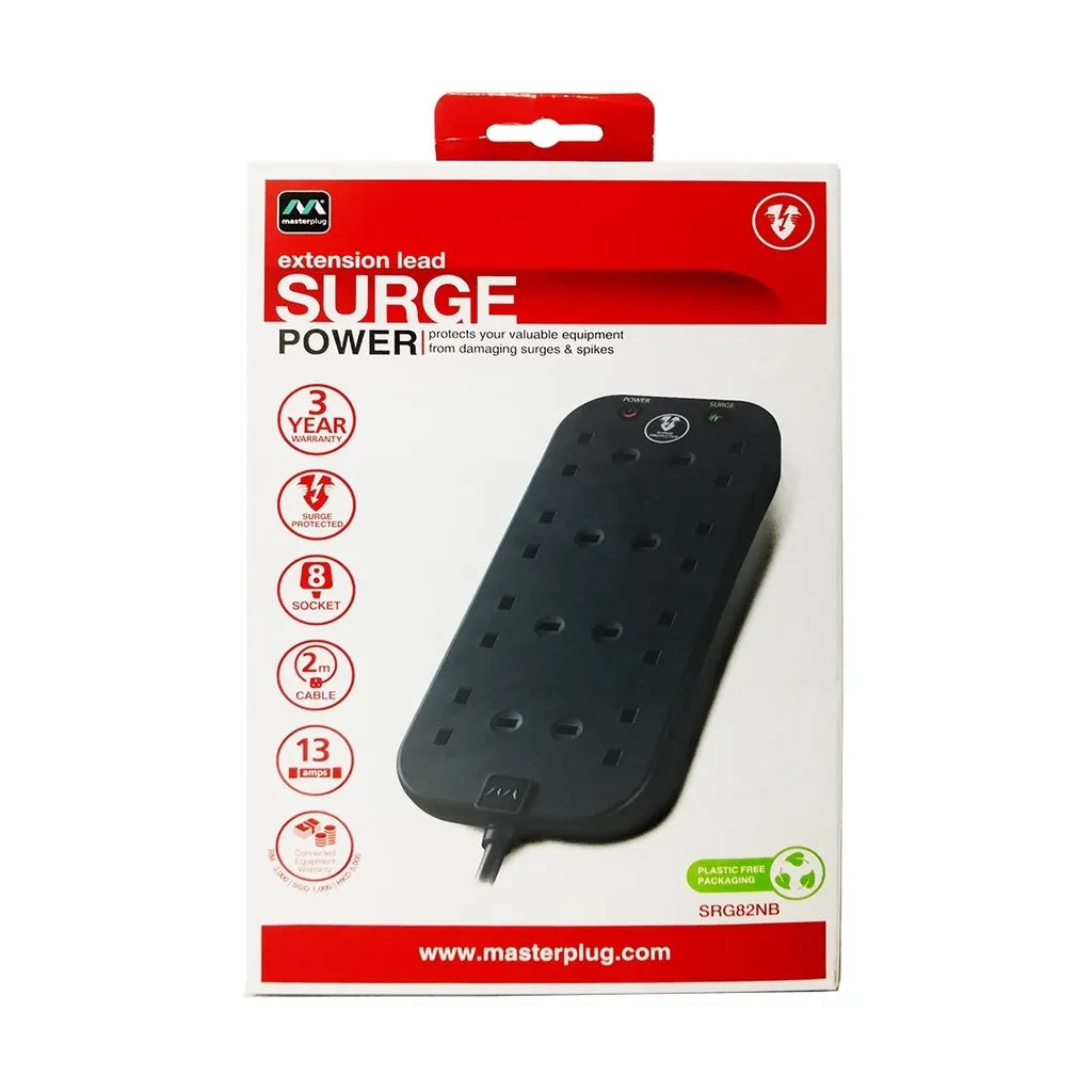 Masterplug Surge Protector 4 (SRG42NB) / 8 (SRG82NB) Gang  2 Meter Extension Leads