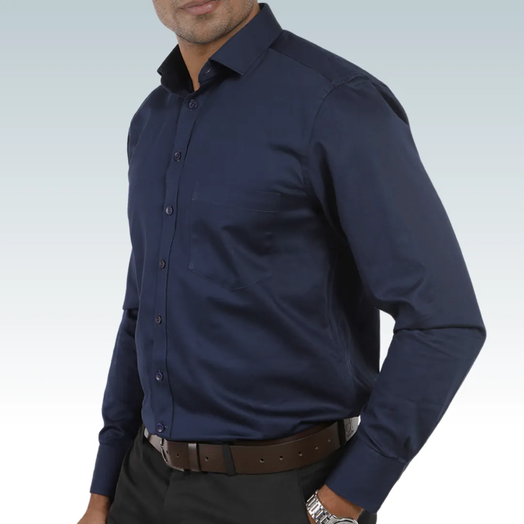 Navy Satin Regular Fit Cotton Shirt