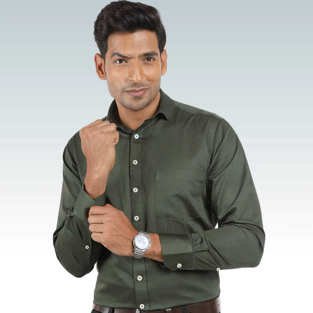 Olive Green Satin Regular Fit Cotton Shirt