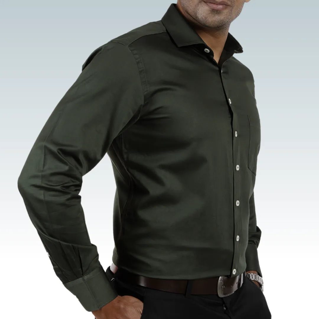 Olive Green Satin Regular Fit Cotton Shirt