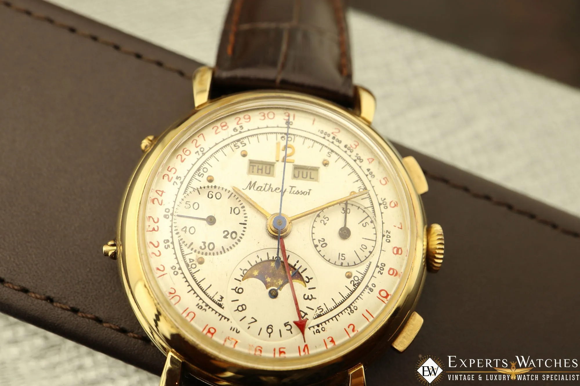 Vintage Serviced 50s Mathey Tissot Chronograph Valjoux 88 Day Date MoonPhase 14K