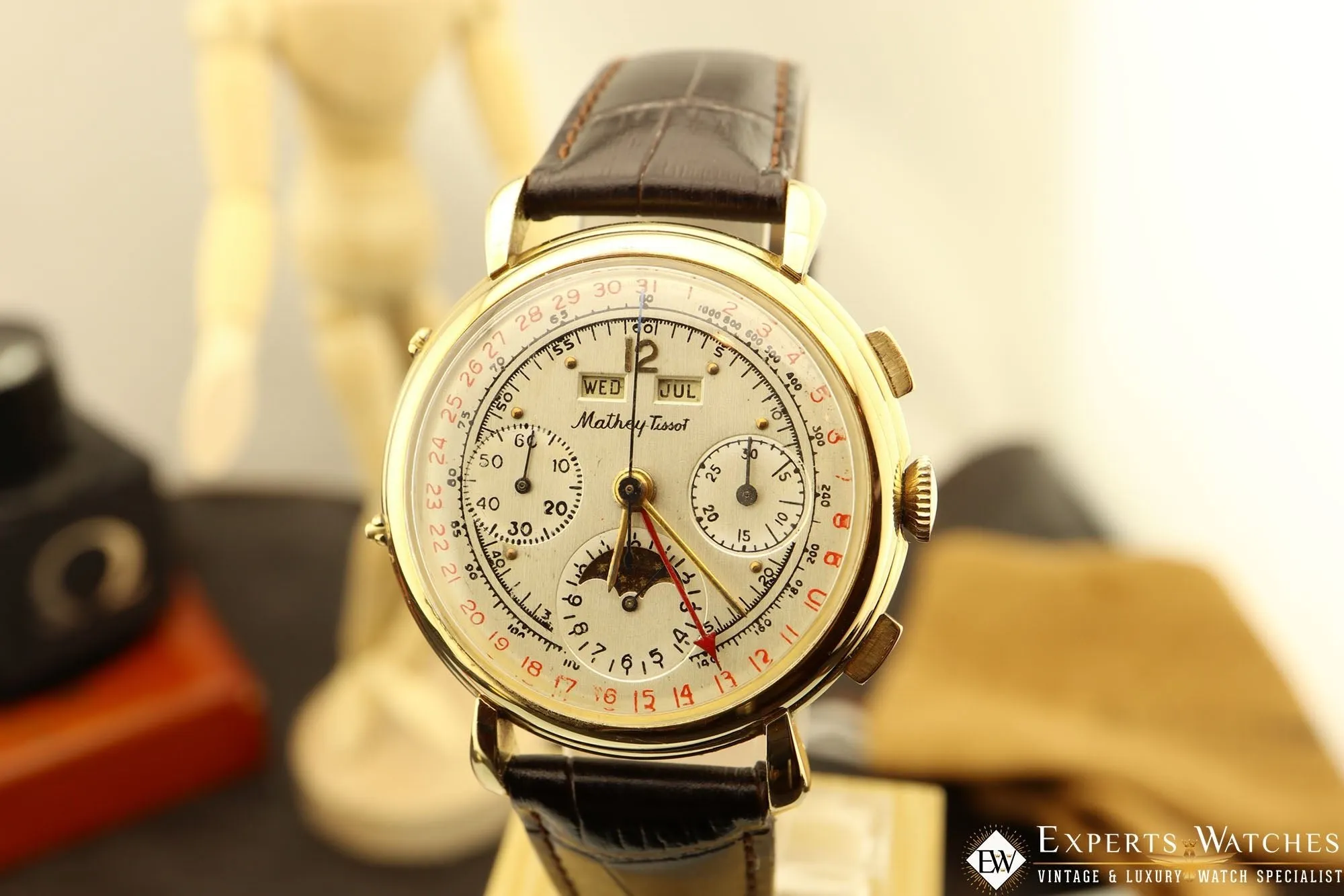 Vintage Serviced 50s Mathey Tissot Chronograph Valjoux 88 Day Date MoonPhase 14K